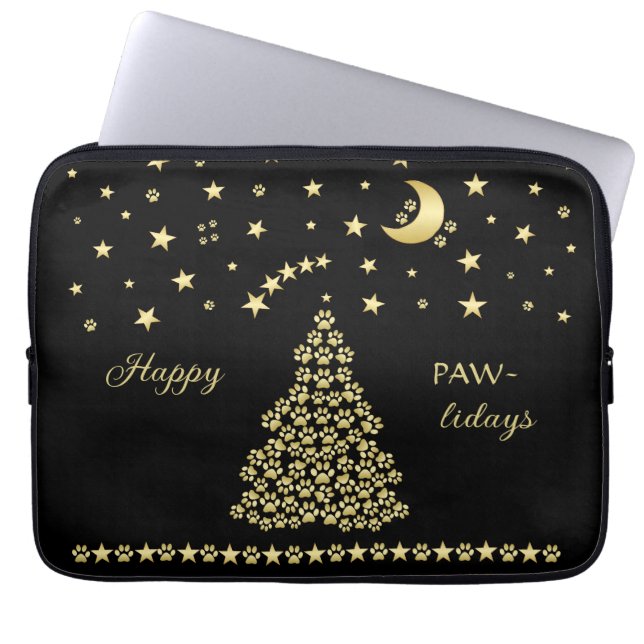 Happy Pawlidays, Gold shiny Paw Christmas tree Laptop Sleeve (Front)