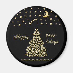 Happy Pawlidays, Gold shiny Paw Christmas tree Magnet