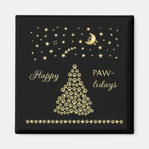 Happy Pawlidays, Gold shiny Paw Christmas tree Magnet
