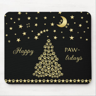 Happy Pawlidays, Gold shiny Paw Christmas tree Mouse Pad