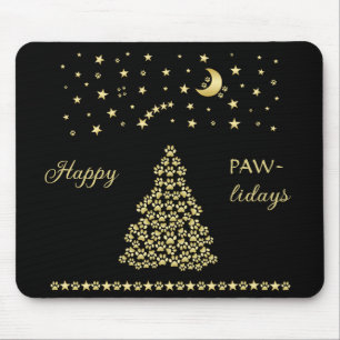 Happy Pawlidays, Gold shiny Paw Christmas tree Mouse Pad