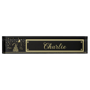 Happy Pawlidays, Gold shiny Paw Christmas tree Nameplate