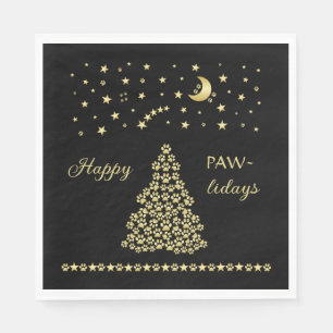Happy Pawlidays, Gold shiny Paw Christmas tree Napkin