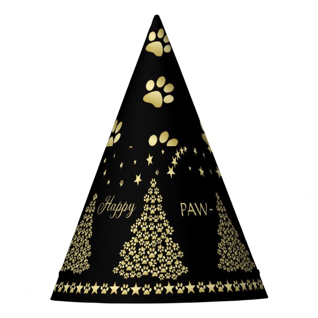 Happy Pawlidays, Gold shiny Paw Christmas tree Party Hat (Front)