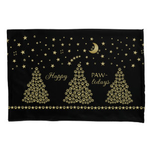 Happy Pawlidays, Gold shiny Paw Christmas tree Pillowcase