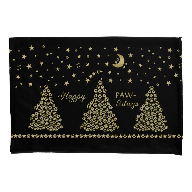 Happy Pawlidays, Gold shiny Paw Christmas tree Pillowcase (Front)