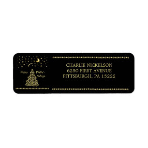 Happy Pawlidays, Gold shiny Paw Christmas tree Return Address Label
