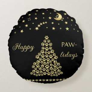 Happy Pawlidays, Gold shiny Paw Christmas tree Round Cushion