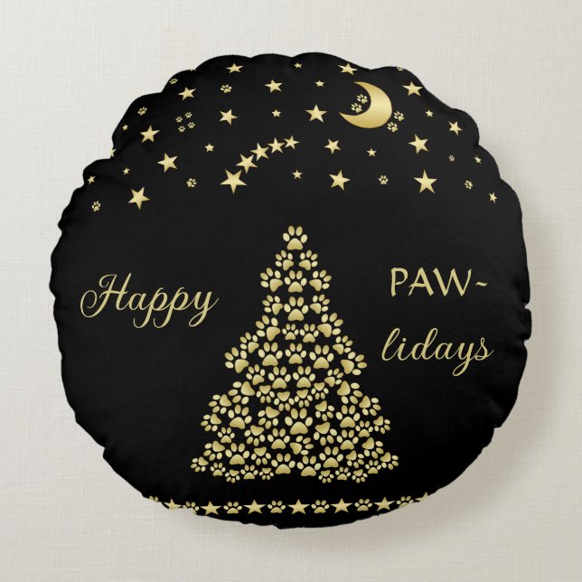 Happy Pawlidays, Gold shiny Paw Christmas tree Round Cushion (Front)