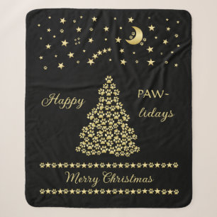 Happy Pawlidays, Gold shiny Paw Christmas tree Sherpa Blanket