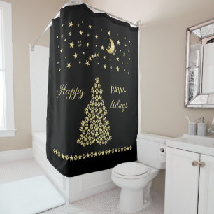 Happy Pawlidays, Gold shiny Paw Christmas tree Shower Curtain
