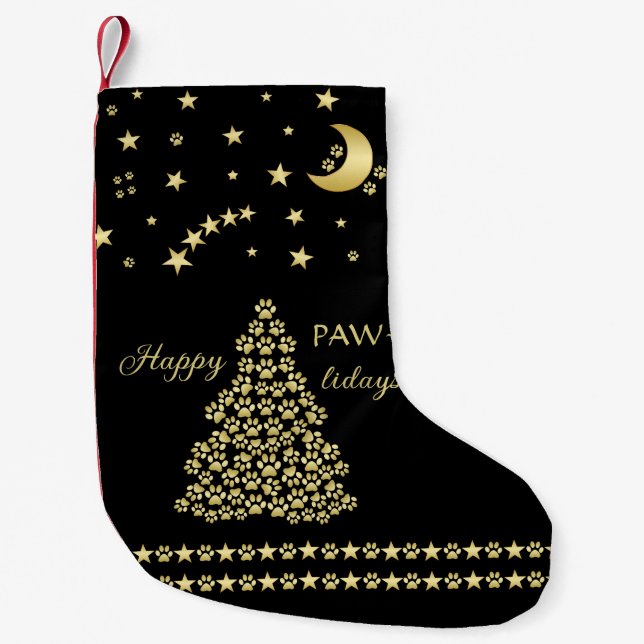 Happy Pawlidays, Gold shiny Paw Christmas tree Small Christmas Stocking (Front)