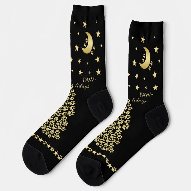 Happy Pawlidays, Gold shiny Paw Christmas tree Socks (Left)