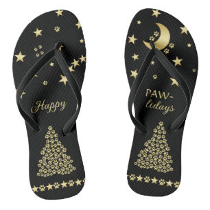 Happy Pawlidays, Gold shiny Paw Christmas tree Thongs