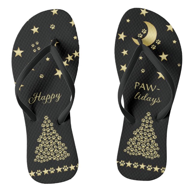 Happy Pawlidays, Gold shiny Paw Christmas tree Thongs (Footbed)