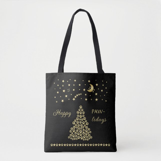 Happy Pawlidays, Gold shiny Paw Christmas tree Tote Bag (Front)