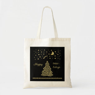 Happy Pawlidays, Gold shiny Paw Christmas tree Tote Bag