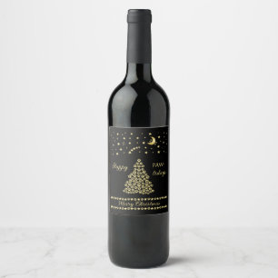 Happy Pawlidays, Gold shiny Paw Christmas tree Wine Label
