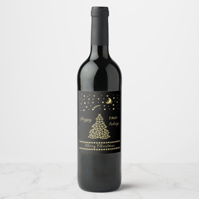 Happy Pawlidays, Gold shiny Paw Christmas tree Wine Label (Front)