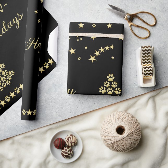 Happy Pawlidays, Gold shiny Paw Christmas tree Wrapping Paper (Crafts)