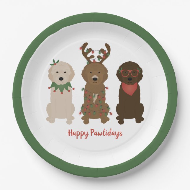 Happy Pawlidays Goldendoodle Christmas Lights Paper Plate (Front)