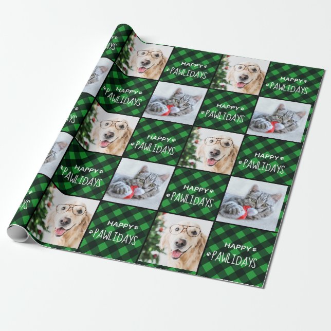 Happy Pawlidays Green Buffalo Plaid Dog Pet Photo Wrapping Paper (Unrolled)