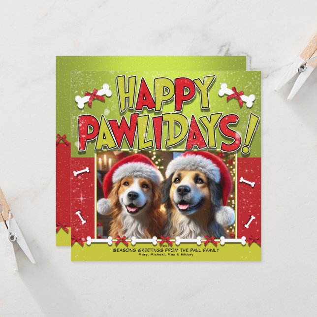 Happy PAWLIDAYS Green & Red Snowy Holiday Photo Invitation (Front/Back In Situ)
