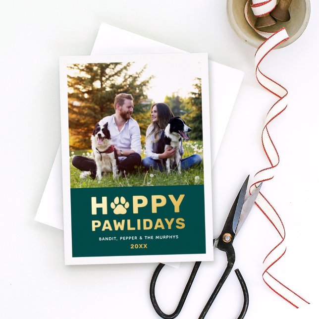 Happy Pawlidays Modern Gold Green Puppy Dog Photo Foil Holiday Card (Creator Uploaded)