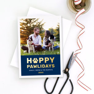 Happy Pawlidays Modern Gold Navy Puppy Dog Photo Foil Holiday Card