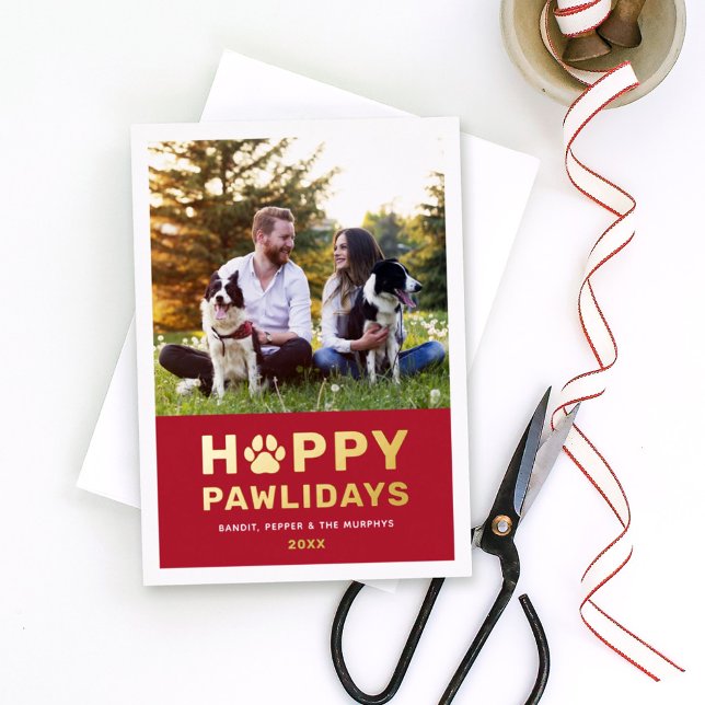 Happy Pawlidays Modern Gold Red Puppy Dog Photo Foil Holiday Card (Creator Uploaded)