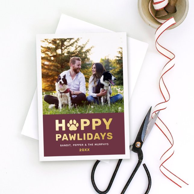 Happy Pawlidays Modern Gold Wine Puppy Dog Photo Foil Holiday Card (Creator Uploaded)