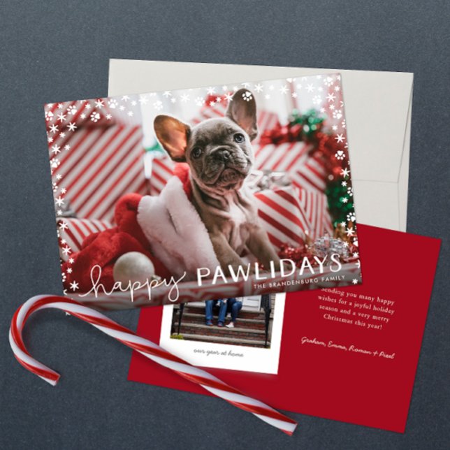 Happy Pawlidays Pet Lover Holiday Photo Card (Happy Pawlidays snowflake paw two photo Christmas holiday card with red backer and personalized text)