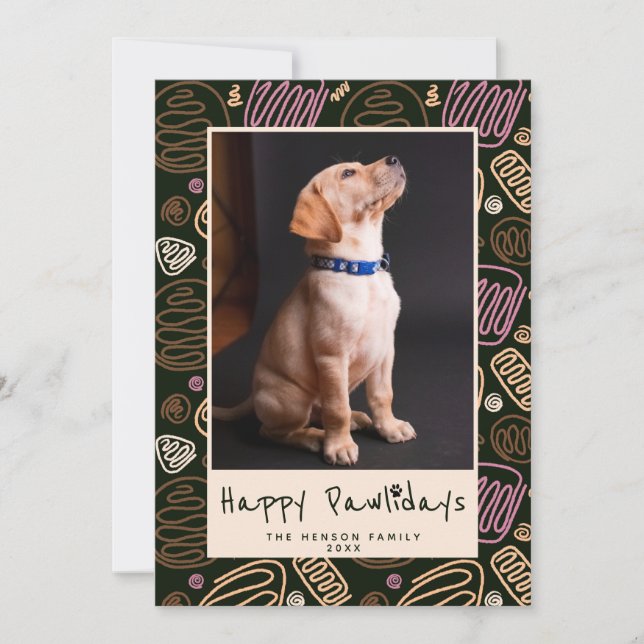 Happy Pawlidays Pink Black One line Pet Photo Holiday Card (Front)