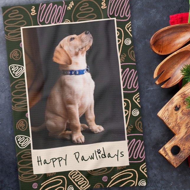 Happy Pawlidays Pink Black One line Pet Photo Tea Towel (Creator Uploaded)