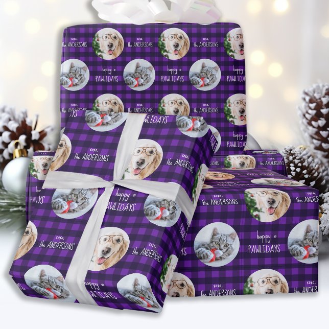 Happy Pawlidays Purple Holiday Plaid Pet Dog Photo Wrapping Paper (Creator Uploaded)