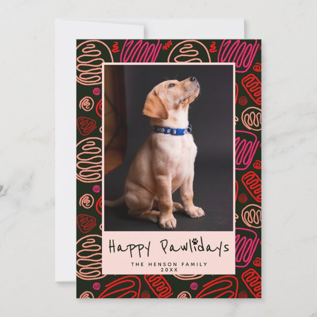 Happy Pawlidays Red Black One line Dog Pet Photo Holiday Card (Front)