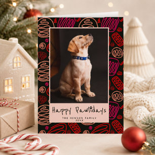 Happy Pawlidays Red One Line Pattern Dog Pet Photo Holiday Card