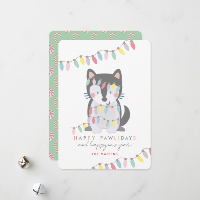 Happy Pawlidays Siberian Husky Christmas Lights Holiday Card (Front/Back In Situ)