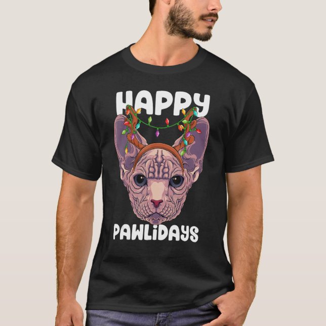 Happy Pawlidays Sphynx Christmas Paw Cat Holidays T-Shirt (Front)