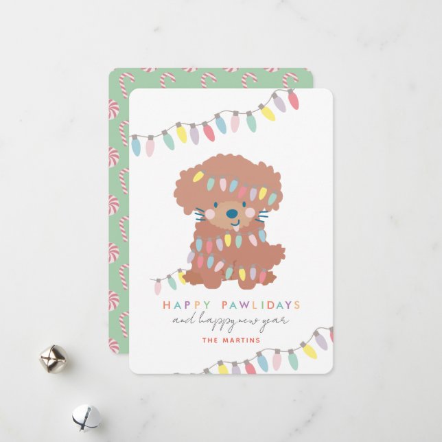 Happy Pawlidays Toy Poodle Puppy Christmas Lights Holiday Card (Front/Back In Situ)