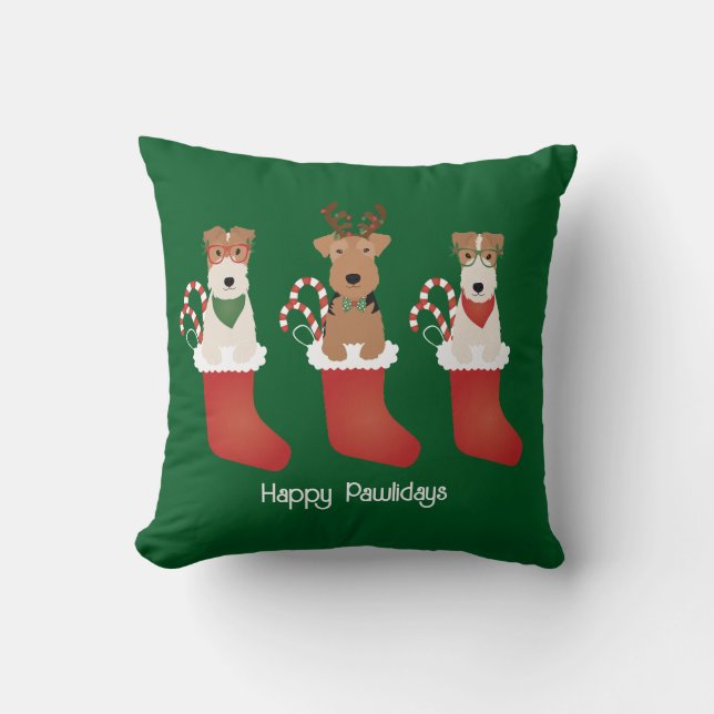 Happy Pawlidays Welsh Wire Fox Terrier Dogs Cushion (Front)
