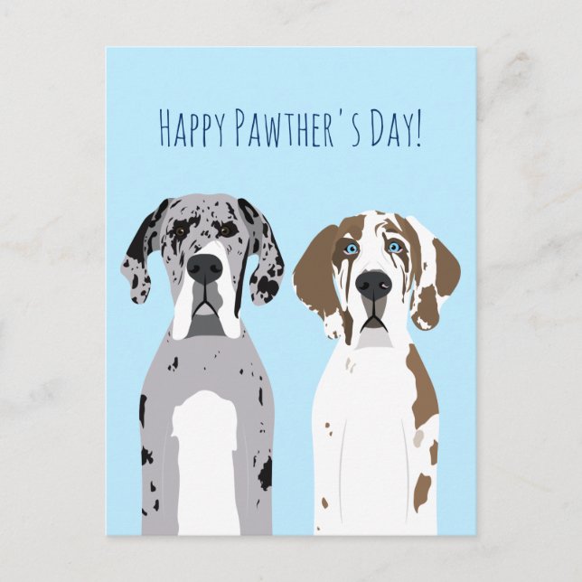 Happy Pawthers Day Cute Great Dane Dogs Blue Postcard (Front)