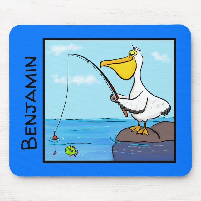 Happy pelican with fishing pole cartoon mouse pad (Front)