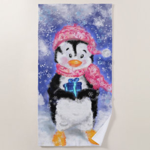 Happy Penguin - Christmas - Beach Towel
