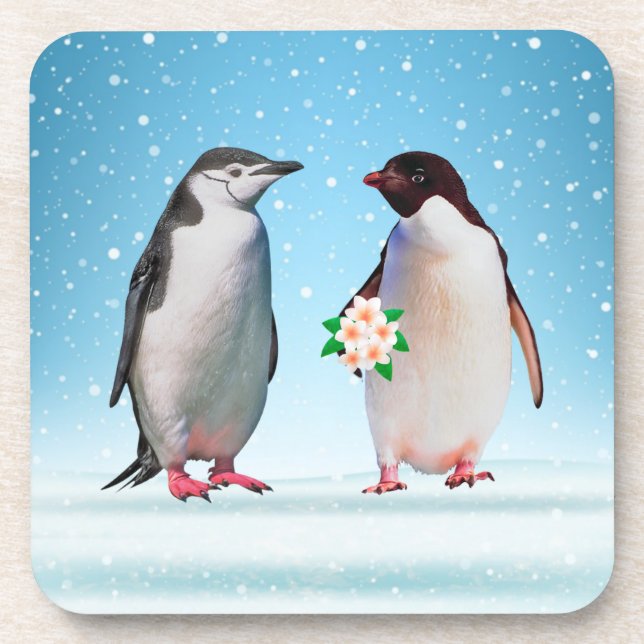 Happy Penguin Couple, One Holding Flowers Coaster (Front)