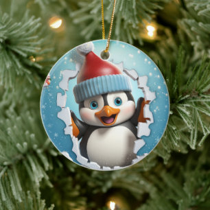 Happy penguin enjoying the winter. ceramic ornament