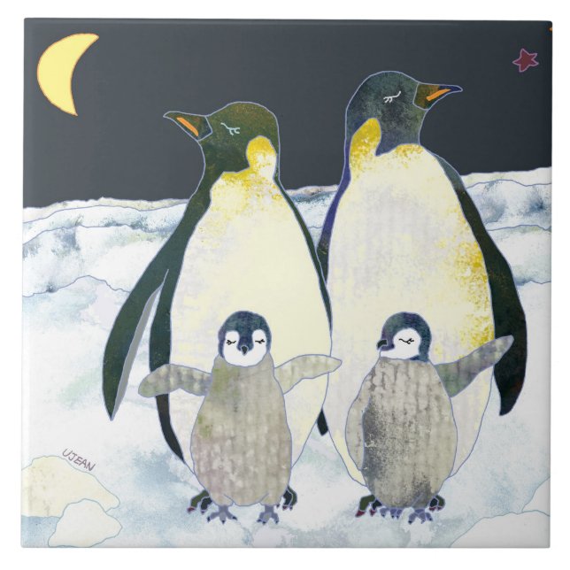 Happy Penguin Family Cute Animal Christmas Deco Tile (Front)