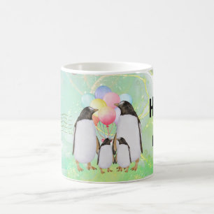 happy penguin family with colorful balloons coffee mug
