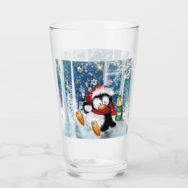 Happy Penguin Funny Christmas Glass (Front)