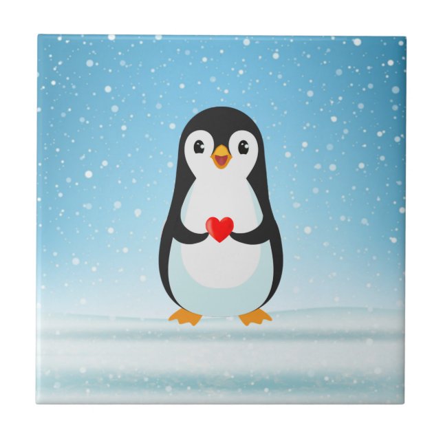 Happy Penguin Holding a Heart Ceramic Tile (Front)